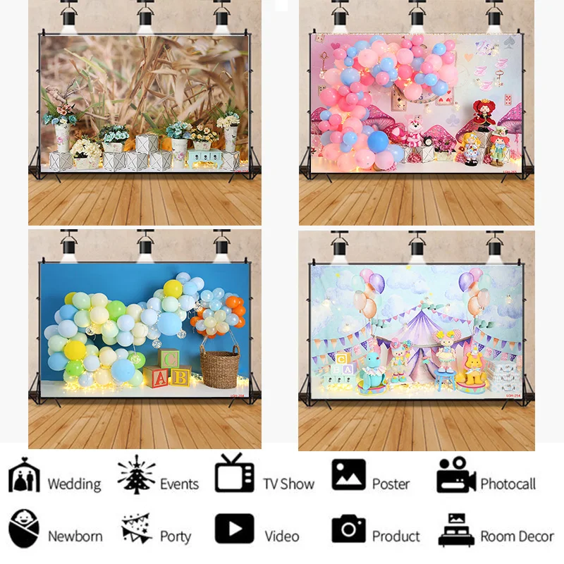 

SHENGYONGBAO Romantic Decoration With Colorful Balloon Arch Bears Background Newborn Baby Birthday Photography Backdrops LGH-05