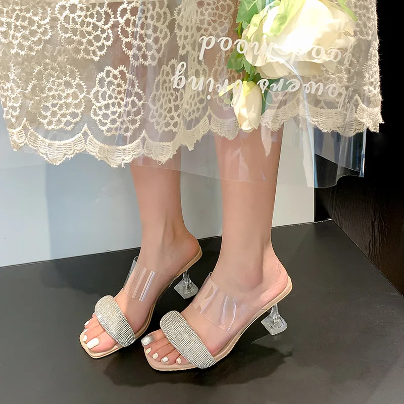 

Summer 2022 new insta-pop fashion rhinestone clear sandals high-heeled shoes crystal cat heel sandals slippers