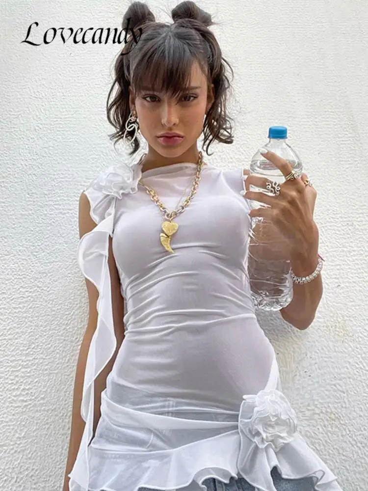 

Flower Mesh Ruffle Summer Y2K Tops Fashion Lace Up Ribbon Tee Sexy Backless Top Women Sleeveless T-Shirts 2023 Streetwear Blouse