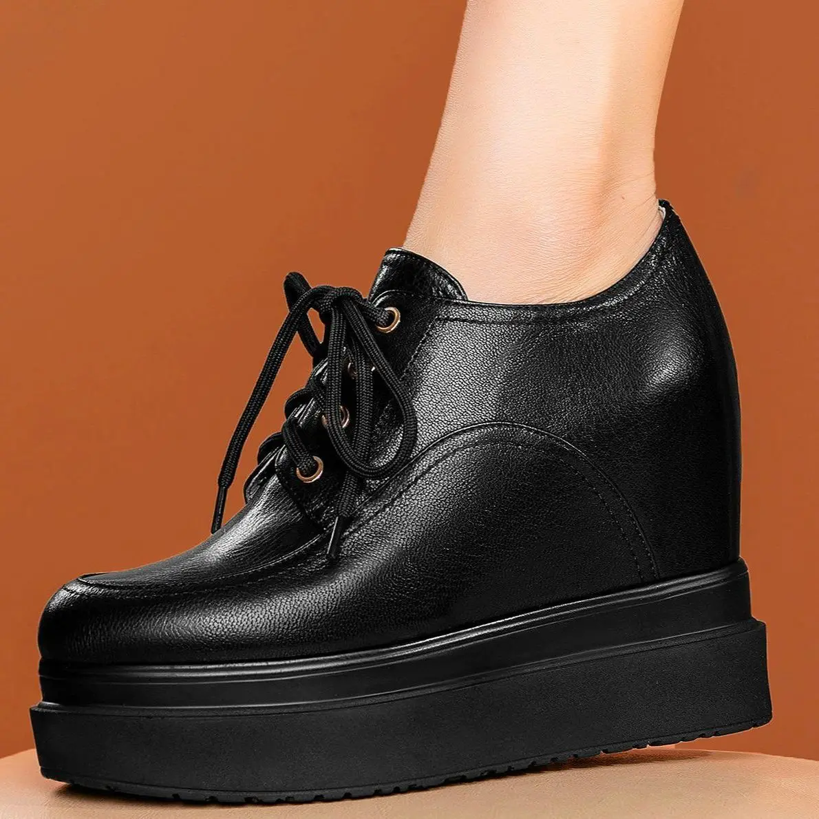 Punk Goth Hidden Wedge Ankle Boots Women's Lace Up Genuine Leather Round Toe High Heels Thick Sole Creeper Shoe Punk Goth