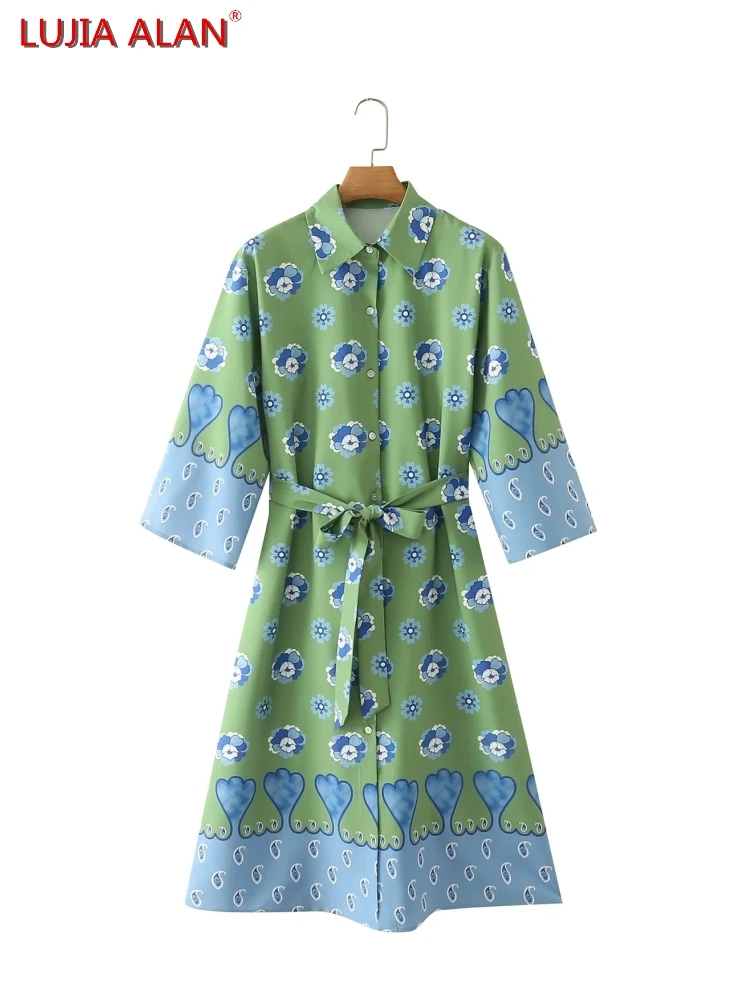 

Женское платье-рубашка с отложным воротником и рукавом три четверти