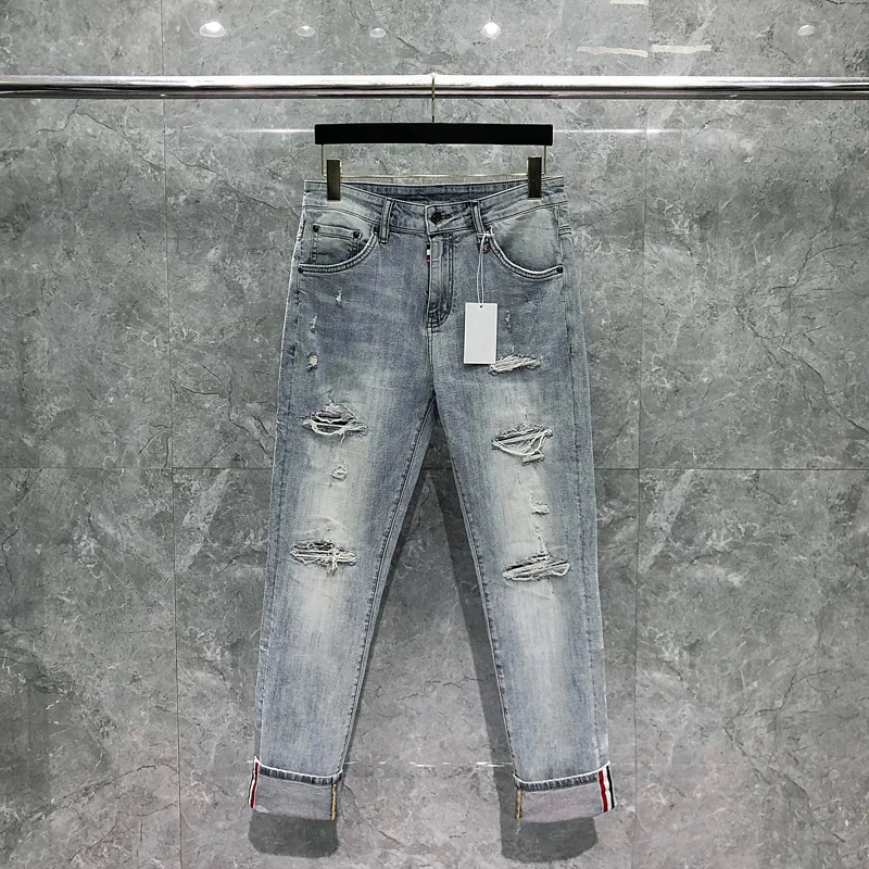 

Ripped TB THOM Mens Slim Fashion Jean for Men Pants with Holes High Quality Pure Cotton Korean Style Trousers Men‘s Jeans