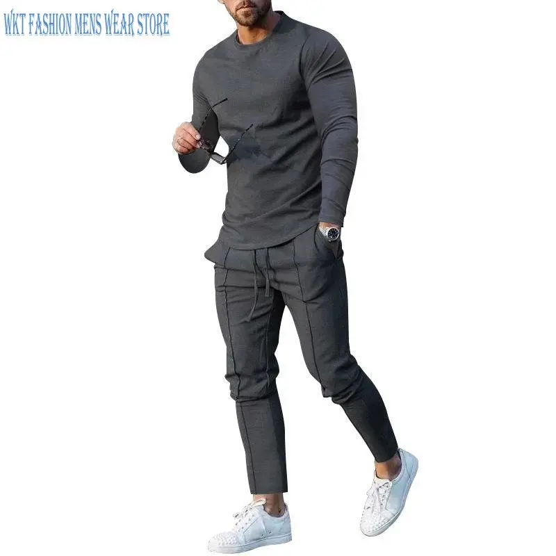 Men's Suits 2022 Spring and Autumn Daily Solid Two-Piece Round Neck Long Sleeve T-shirt Trousers Casual Men Clothing Polyester