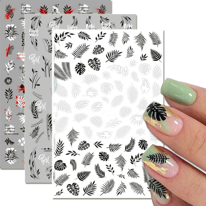 

Nail Art Decals Black White Tropical Palm Leafs Back Glue Nail Stickers Decoration For Nail Tips Beauty