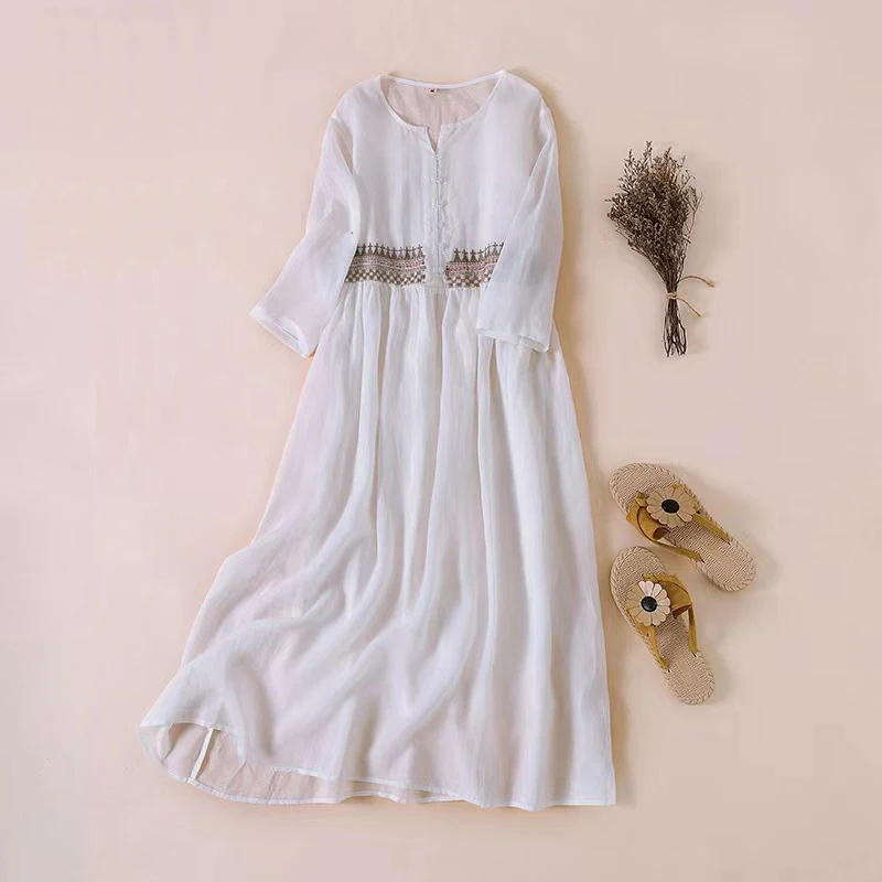 

Vintage Cotton Linen Summer Woman Dress Half Sleeve Buttons Shirt Dresses for Women Literary Loose Embroidered Party Vestidos