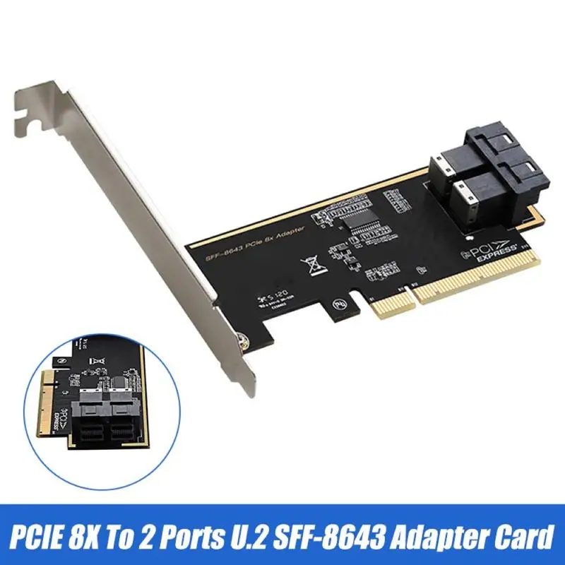 

PCIE 8X to 2 Ports U.2 SFF-8643 Dual NVMe SSD PCI Express X8 Converter Card Adapter Add on Expansion