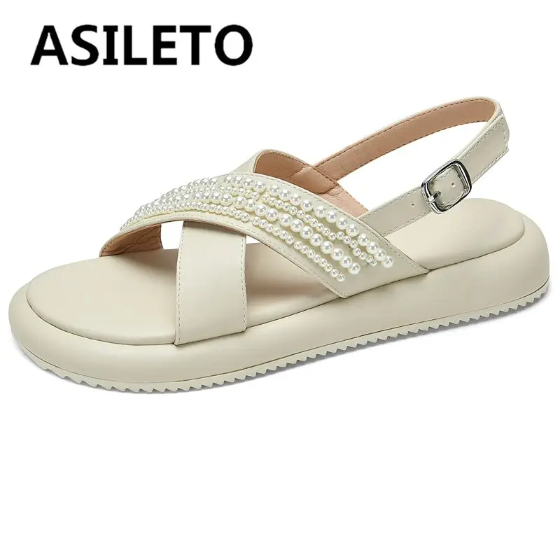 

ASILETO Soft PU Leather Ladies Sandals Round Toe Thick Heels Buckle Strap Pearls Large Size 32-42 Solid Beige Concise S3946