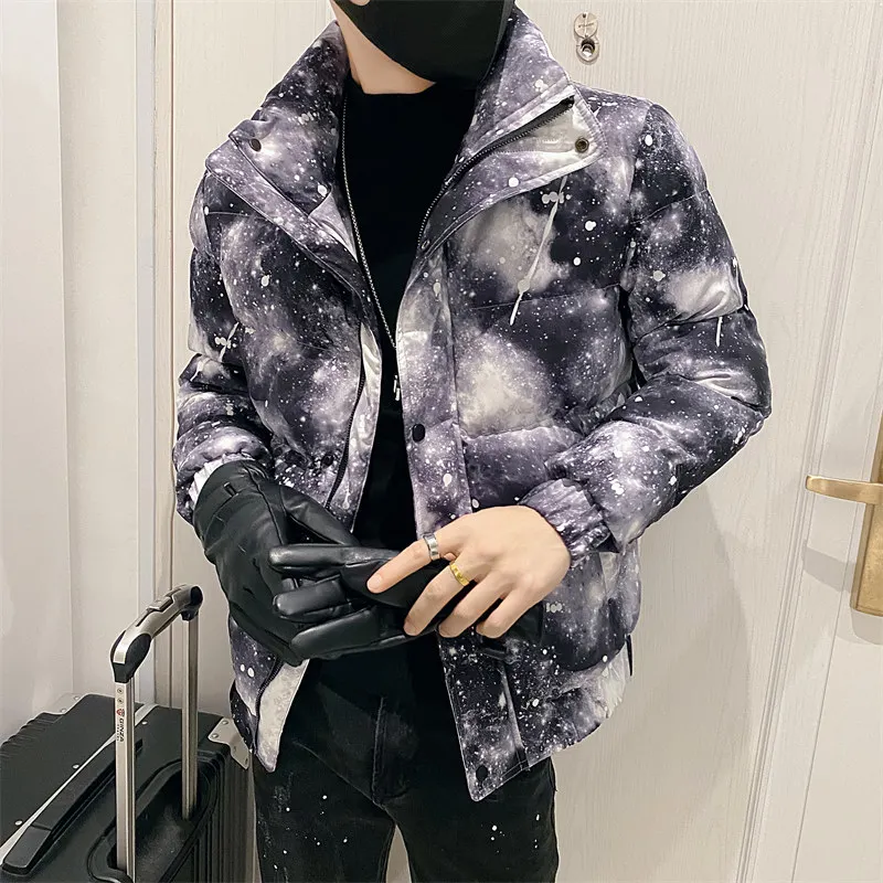 Starry Sky Print Winter Men's Jackets Korean Thicken Warm Casual Parka Jacket Zipper Streetwear Social Overcoat Male Clothing
