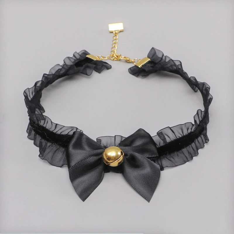 

Lolita Necklace Gifts for Girlfriend Dog Bell Gothic Black Lace Choker Retro Lolita Sweet Pearl Bowknot for Women