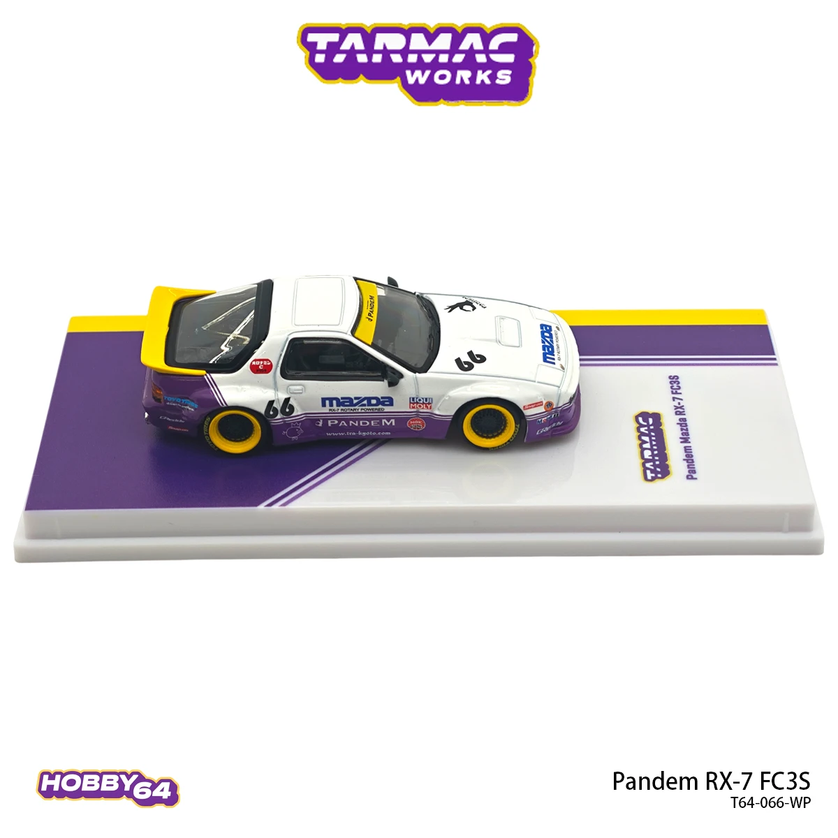Фото В наличии: Коллекционная модель автомобиля Tarmac Works Hobby64 T64-066-WP 1:64 Pandem RX-7 FC3S, бело-фиолетово-желтая ливеринг-комбинация, ширококузовная, литая под давлением. №4