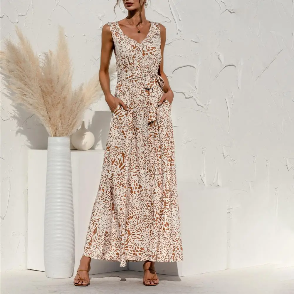 

2022 Summer Boho Maxi Dress V-Neck Belt High-Waist Floral Print Sleeveless Pocket Elegant Beach Women Long Dress Sundress