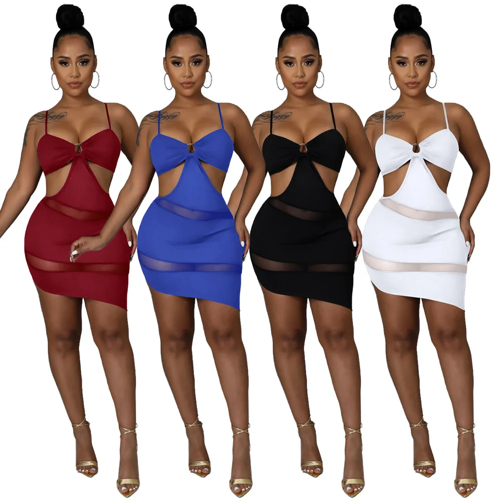 

2022 Summer New European Style Fashion Sexy Casual Mesh Stitching Perspective Suspender Irregular Dress