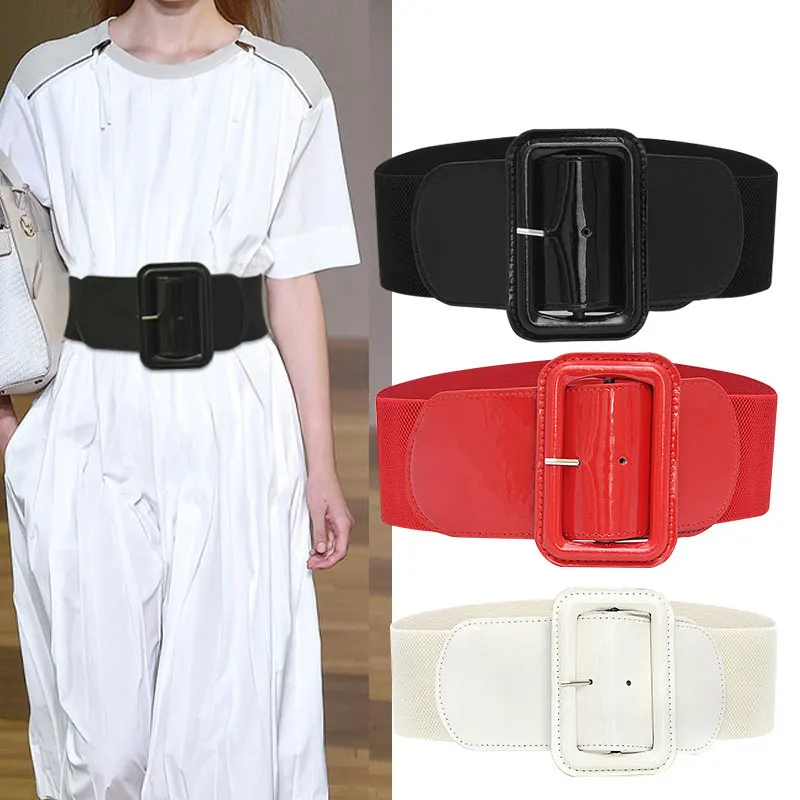 

Women Luxury Waist Belts For Dress PU Patent Leather Elastic Band Waist Belt Solid Black Red White Wide High Quality Waistband