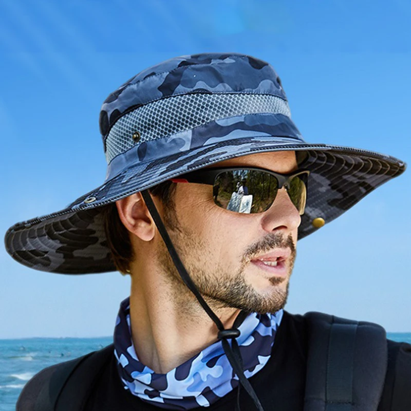 

2023 New Wide Brim Men Women UPF 50+ Camo Sun Hat Chin Strap Safari Summer Hat Outdoor Hiking Fishing Hunting Mountaineering