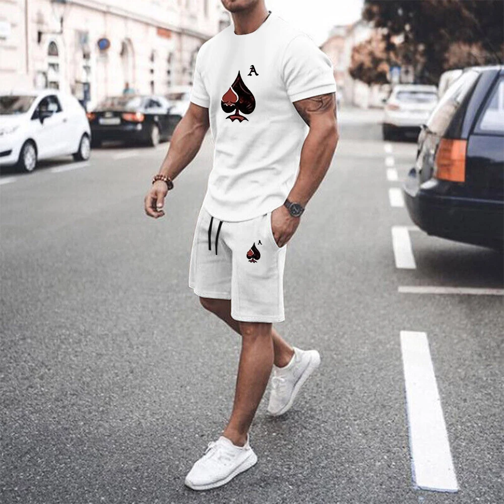 

New Men's Shorts and T Shirt Set Short Sleeve Outfits Graphic Prints Poker O Neck White 3D Print Outdoor Street Clothing 2pcs
