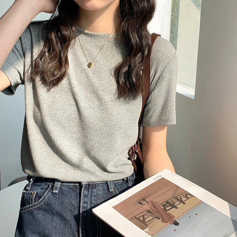 

5 Color Basic Threaded Knitting Woman Tshirts Summer New Solid Short Sleeve Tees Casual Loose Shirt Korean O-Neck Female Tops
