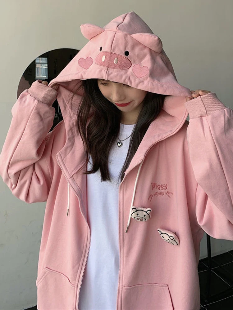 

Deeptown Kawaii Pink Sweatershirt Women Oversize Japanese Fashion Soft Girl Zip Up Hoodies Female Preppy Style Loose Jacket Tops