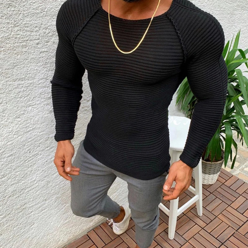 2023 Spring New Men's Knitwear Solid Round Neck Bottom Comfortable and Breathable Pullover Slim Fit Casual Long Sleeve Top