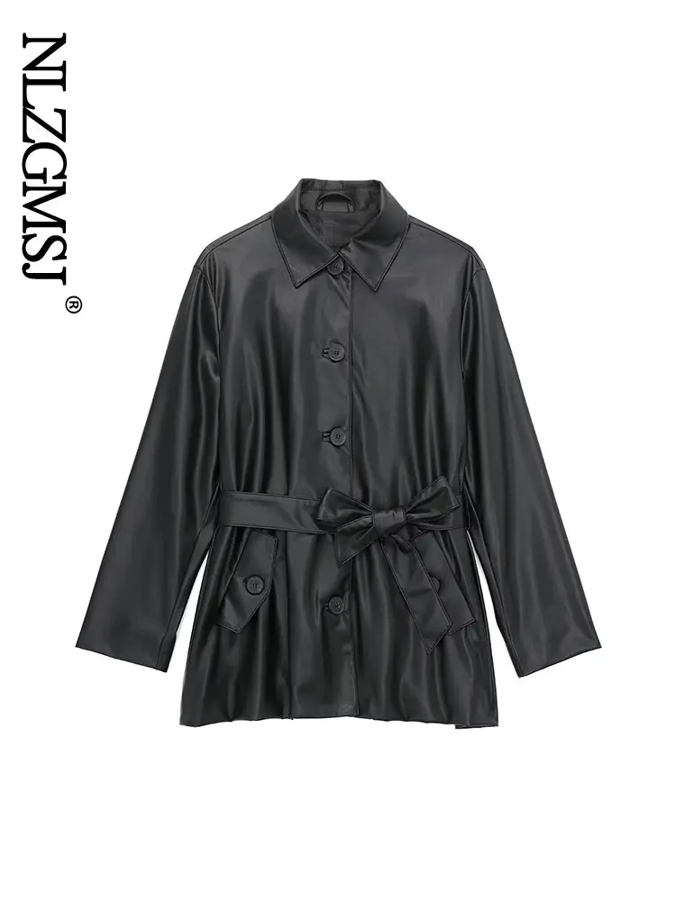

TRAF 2022 Women Fashion Black Faux Leather PU Shirt Coat Woman Retro Long Sleeve Belt Casual Female Chic Top