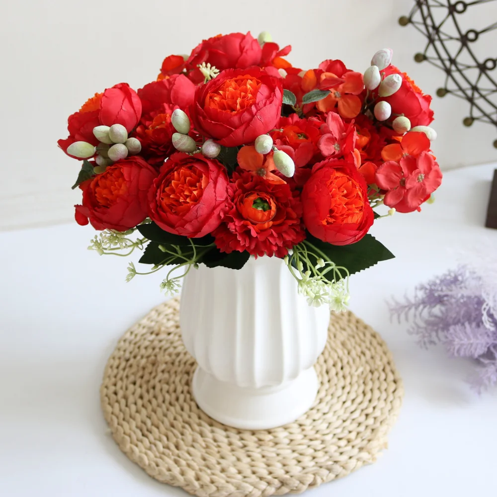 

32CM Peony Bouquet Artificial Flowers Silk Rose Vase For DIY Living Room Home Decor Garden Wedding Decorative Fake Plants
