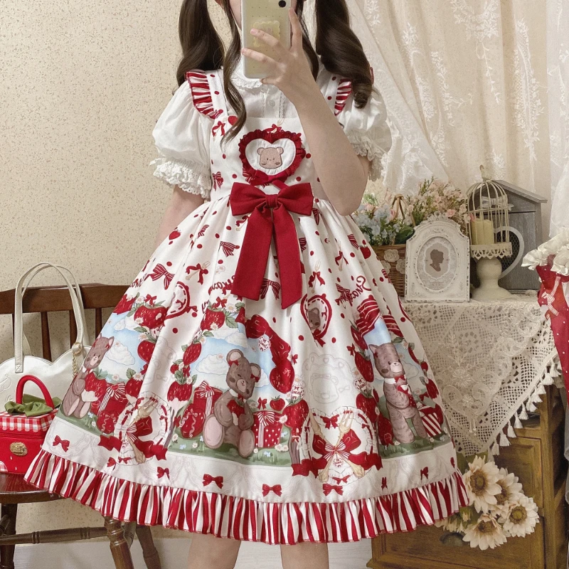 

Japanese Sweets Lolita Style JsK Dress Women Kawaii Lace Bear Strawberry Print Cute Strap Dresses Girly Sleeveless Vestido Festa