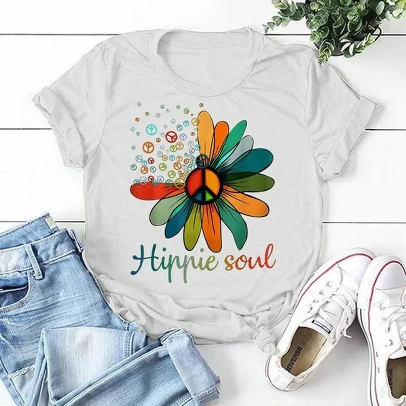 

Hippie Soul Sunflower Print Tee Shirt Femme Short Sleeves O Neck Women Tshirt Summer Women T-shirt Loose Tops Camisetas Mujer