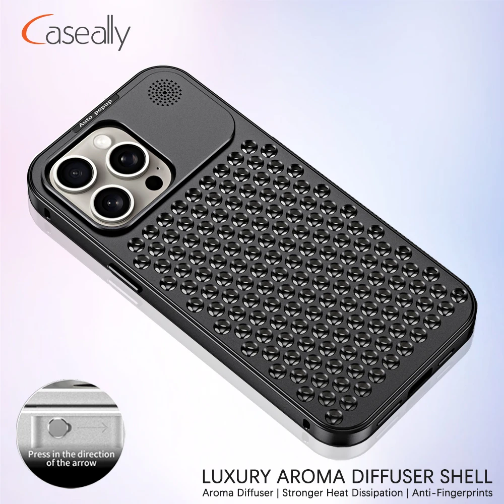 

Luxury Metal Cooling Hollow Aluminum Phone Case For iPhone 15 14 13 12 Pro Max Plus Heat Dissipation Aroma Diffuser Cover Funda