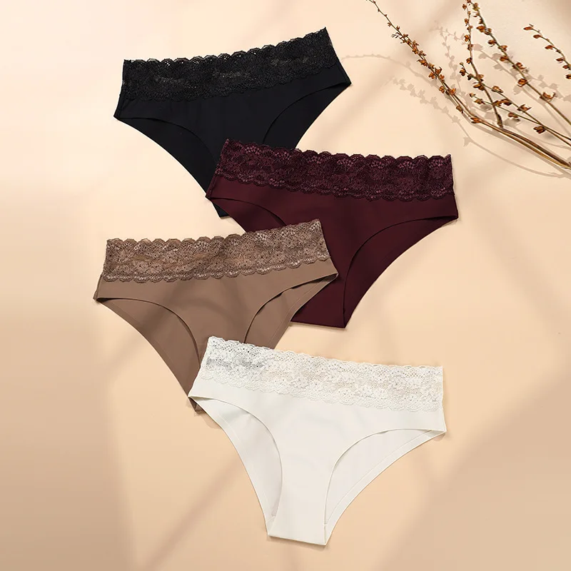 

4Pack Womens Ice Silk Briefs Panties Sexy Lace SPLICING Air Permeability Sports Underwear Briefs Females Bottoms Straps Knickers