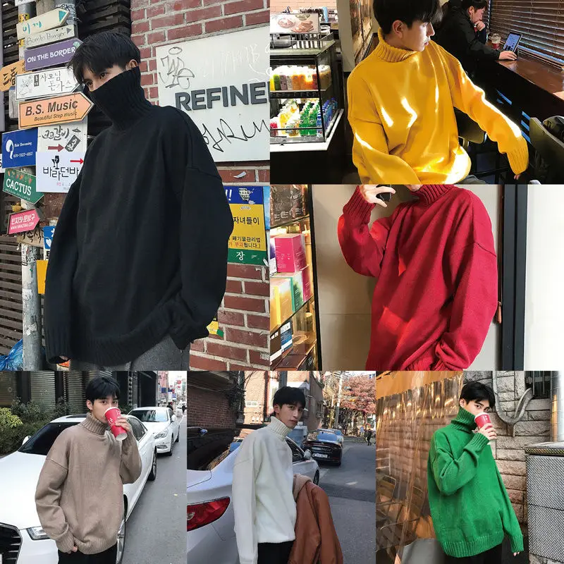 Осенне-зимний мужской утепленный черный Однотонный свитер с высоким воротником