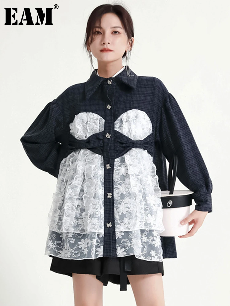 

[EAM] Loose Fit Black Plaid Lace Color-block Big Size Jacket New Lapel Long Sleeve Women Coat Fashion Spring Autumn 2023 1DF1720