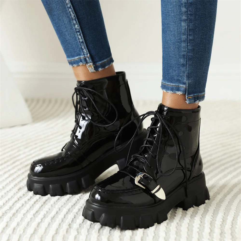 

2022With Heels Luxury Waterproof Platform Botines Mujer Plus Size Vintage Round Head Front Lace Up Low Barrel Martin Women Boots