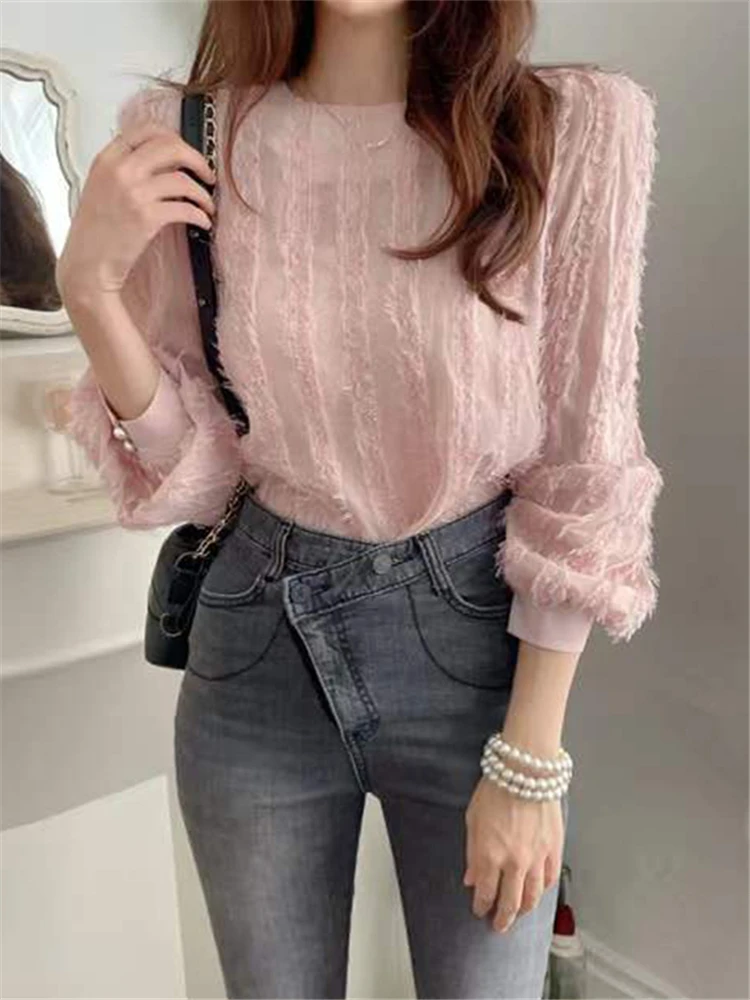 

New 2022 Tassel Shirts Chic Vintage Korean Fashion Elegant Lady Women Spring Summer Fashion Blouses Wild Pink Tops