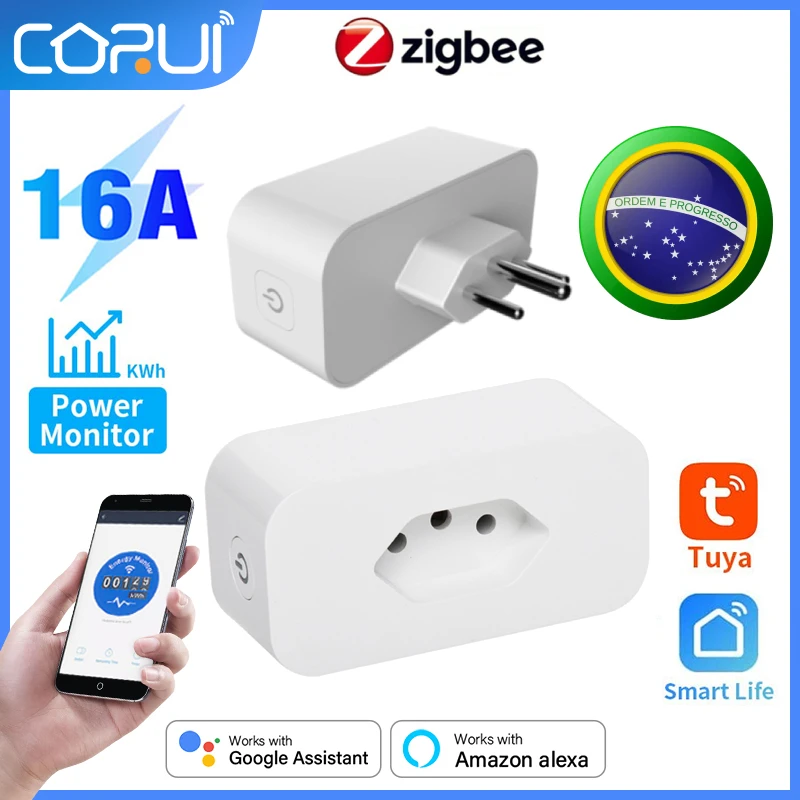 

CoRui EWeLink Zigbee /WiFi Tuya Brazil Smart Socket 16A With Power Monitor App Outlet Plug Voice Control For Google Amazon Alexa