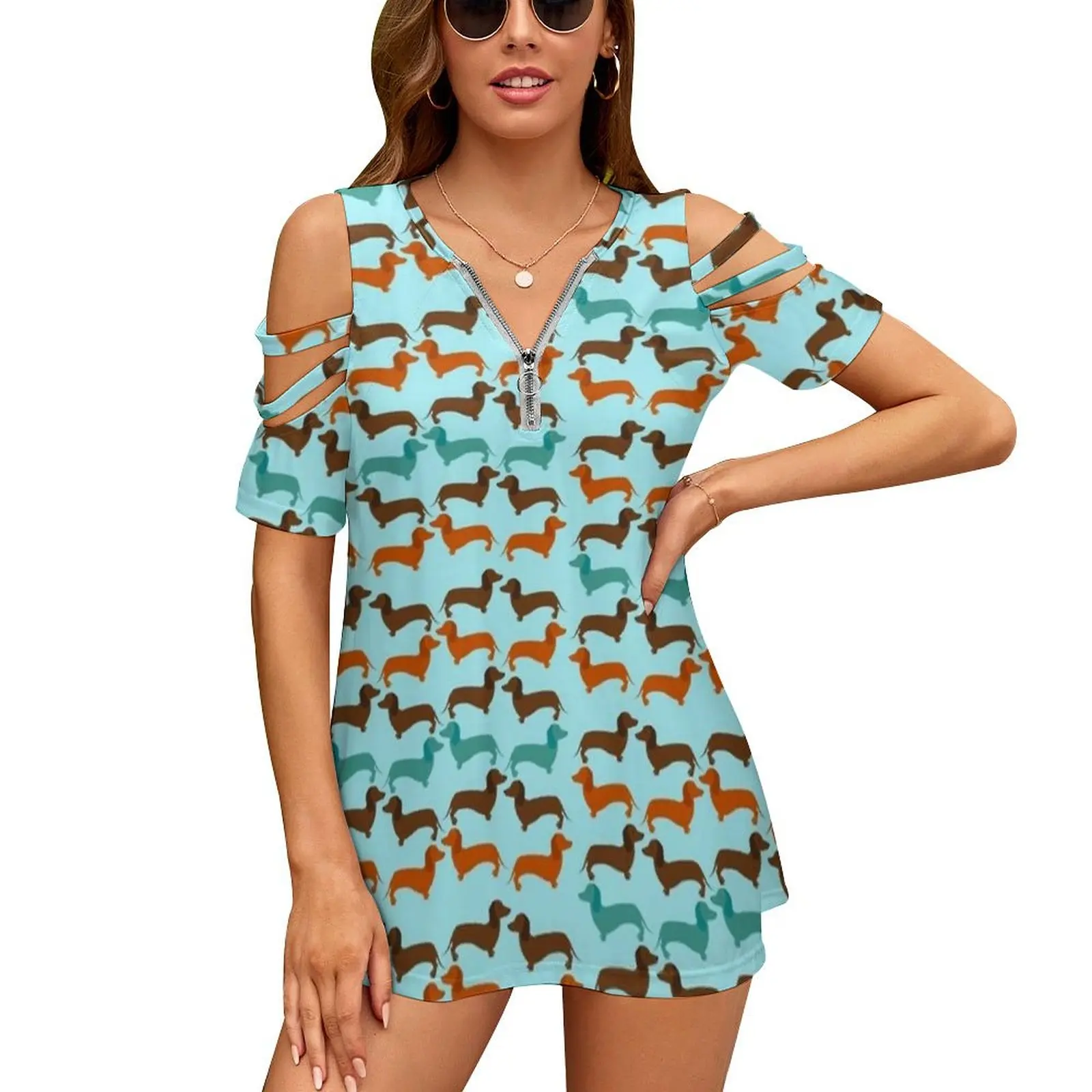 

A Nigel Inspired Dachshund Pattern-Spacedogs Heu Fandom Women'S T-Shirt Summer Fashion Print Floral V-Neck Zipper Tshirt Hollow