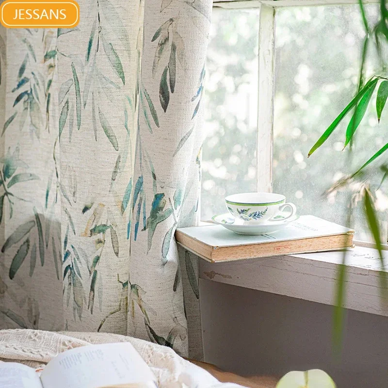 

New Chinese Cotton and Linen Leaf Printing Curtains for Living Room Bedroom French Window Customized Finished Home Decoration