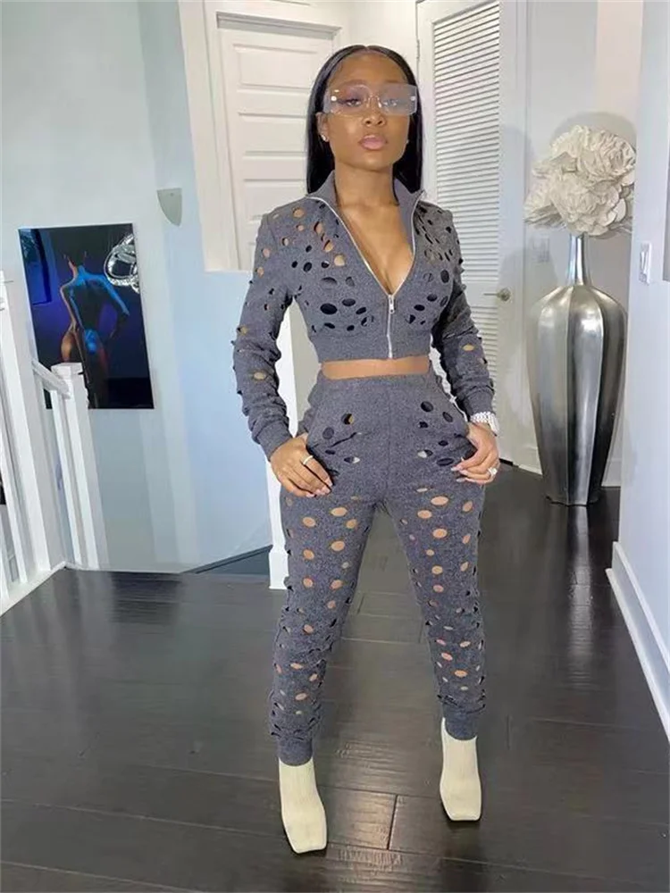 

Sexy Club Hollow Out Long Sleeve Zipper Crop Tops Skinny Pants Two 2 Piece Set Womens Outifits Matching Sets Female Dropshipping