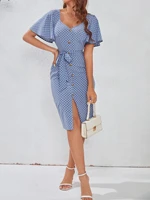 polka dot butterfly sleeve fake button split thigh belted dress