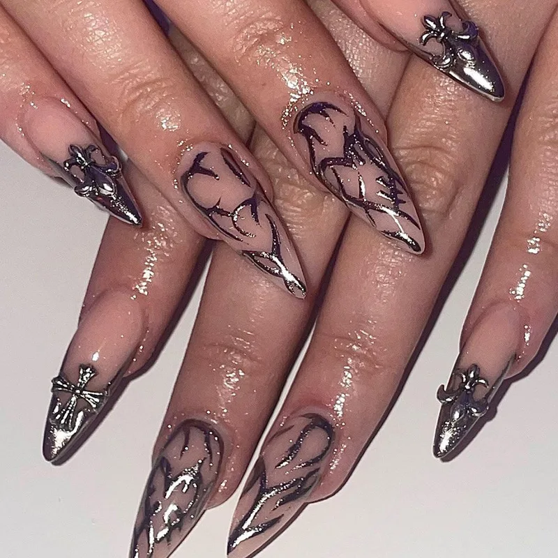 

24pcs Fake Nails Set Press On Nail Accessories Faux Ongles Long French Almond Tips Geometric Designs With Diamond Diy False Nail