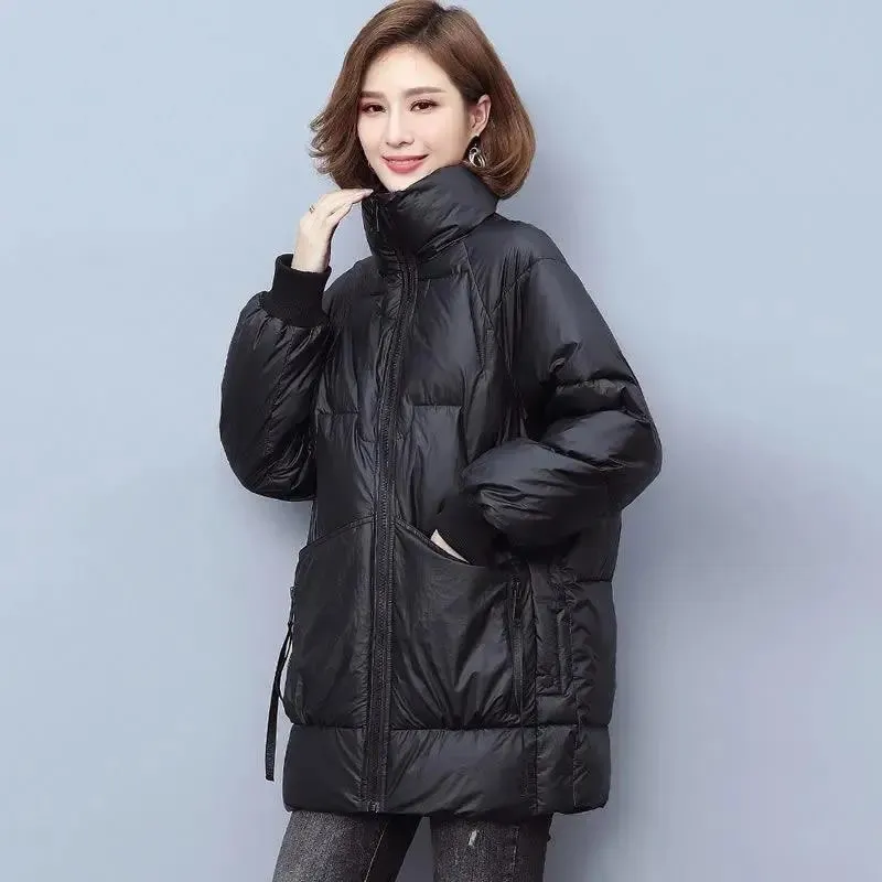 New Down Cotton Jackets Long Women's Parka Stand Collar Solid Winter Tops Loose High Quality Outwear Fashion Padded Casual Coats