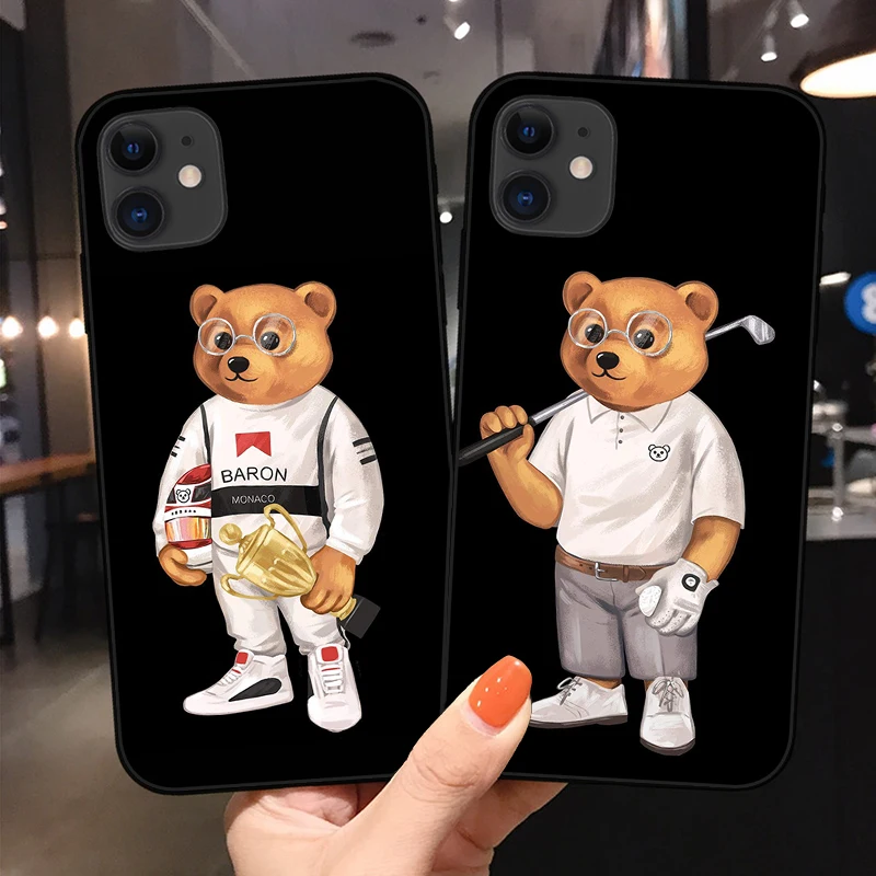 

Cute Bear Fashion Brand Protective Case For iPhone 11 12 13 14 Pro XS Max XR X 7 8 14 Plus SE20 13Mini Black Soft Silicone Cover