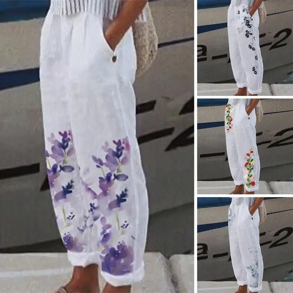 

Casual Harem Pants Floral Print Pockets Women Trousers Female Long Sweatpants Loose Pure Color Mid-Rise Pants Summer Streetwear