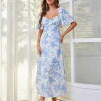 blue fashion print woman dress deep v neck loose fit dresses flare sleeves loose fit long vestidos robes 2022