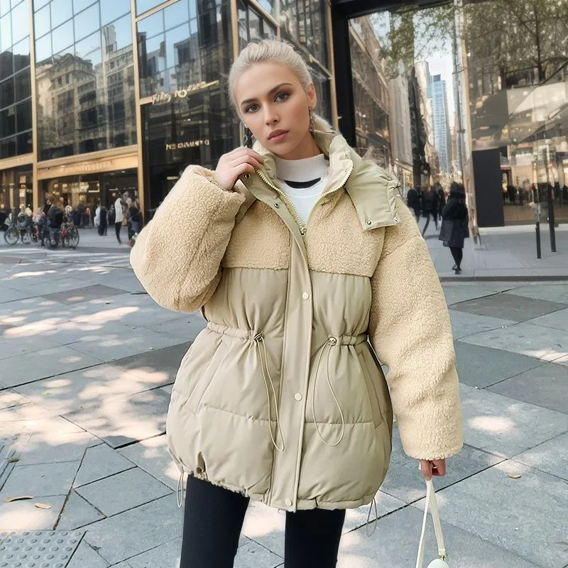 

USPOP2023 Winter New Parkas Women Casual Hooded Coat with Lamb Wool Drawstring Waist Warm Cotton Jacket