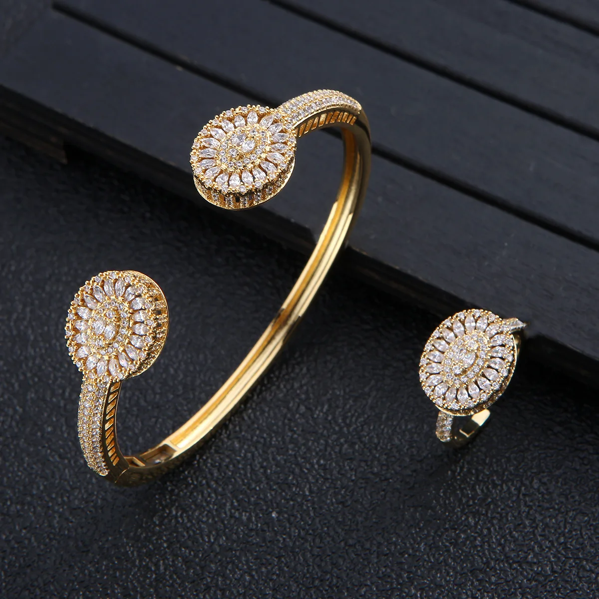 

Simple Luxury Zircon Jewelry Set Women Ladies Bracelet Bangle Cuff Ring Suadi Arabia Wedding Party Accessory bijoux femme luxe