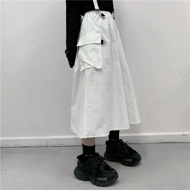 Женская длинная юбка с цепочкой белая/черная в японском стиле весна-осень 2021 -