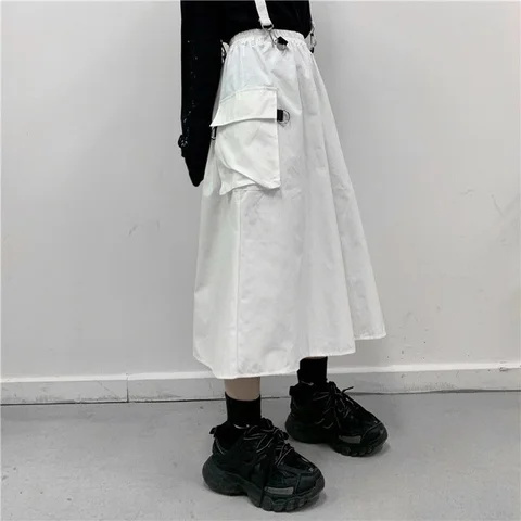 New 2021 Spring/Autumn Women Skirt Fashion Japanese Style White/Black Long Skirts with Chain Hip Hop Streetwear Plus Size