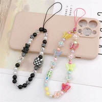 new beaded mobile phone chain black heart square bear cellphone lanyard colorful butterfly short mobile phone lanyard pendant