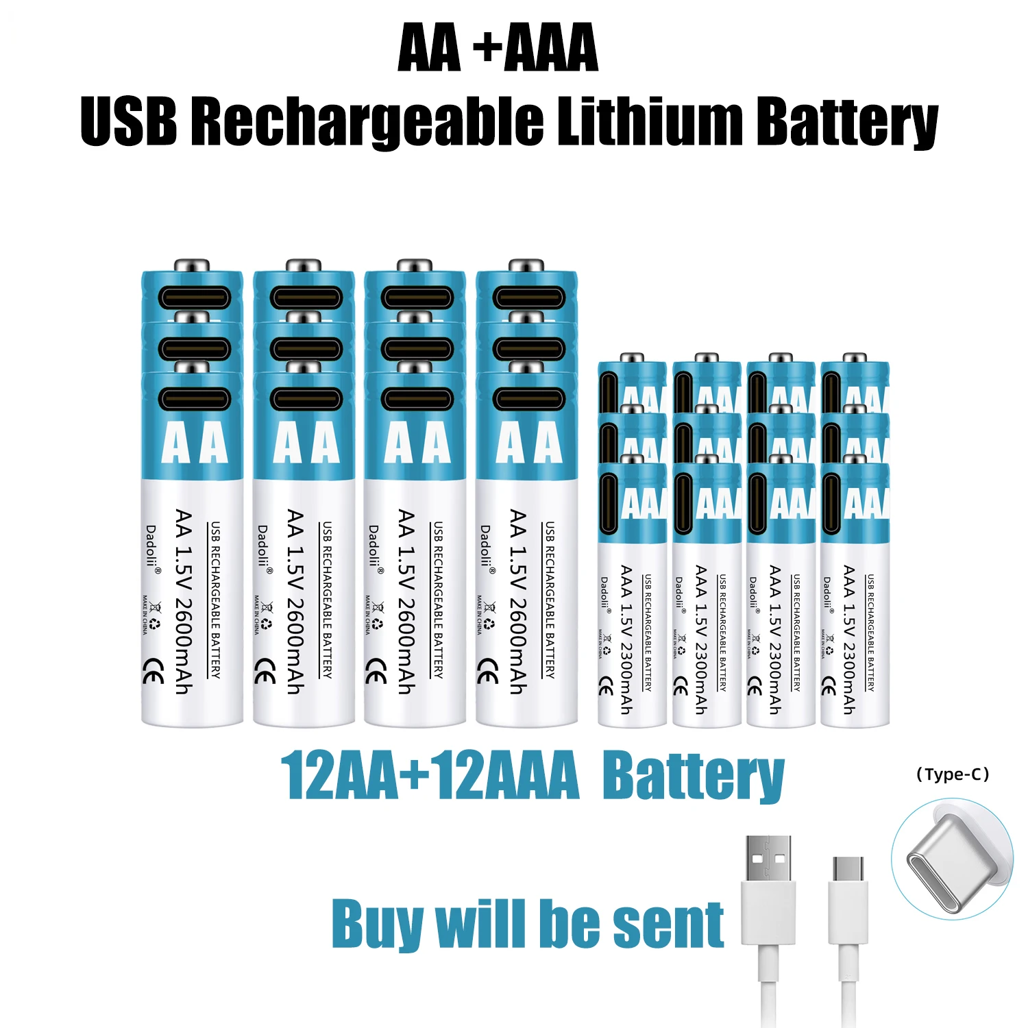 

High Capacity 1.5V AA 2600 MWh USB Rechargeable Li-ion Battery for Remote Control Mouse Small Fan Electric Toy Battery Cable