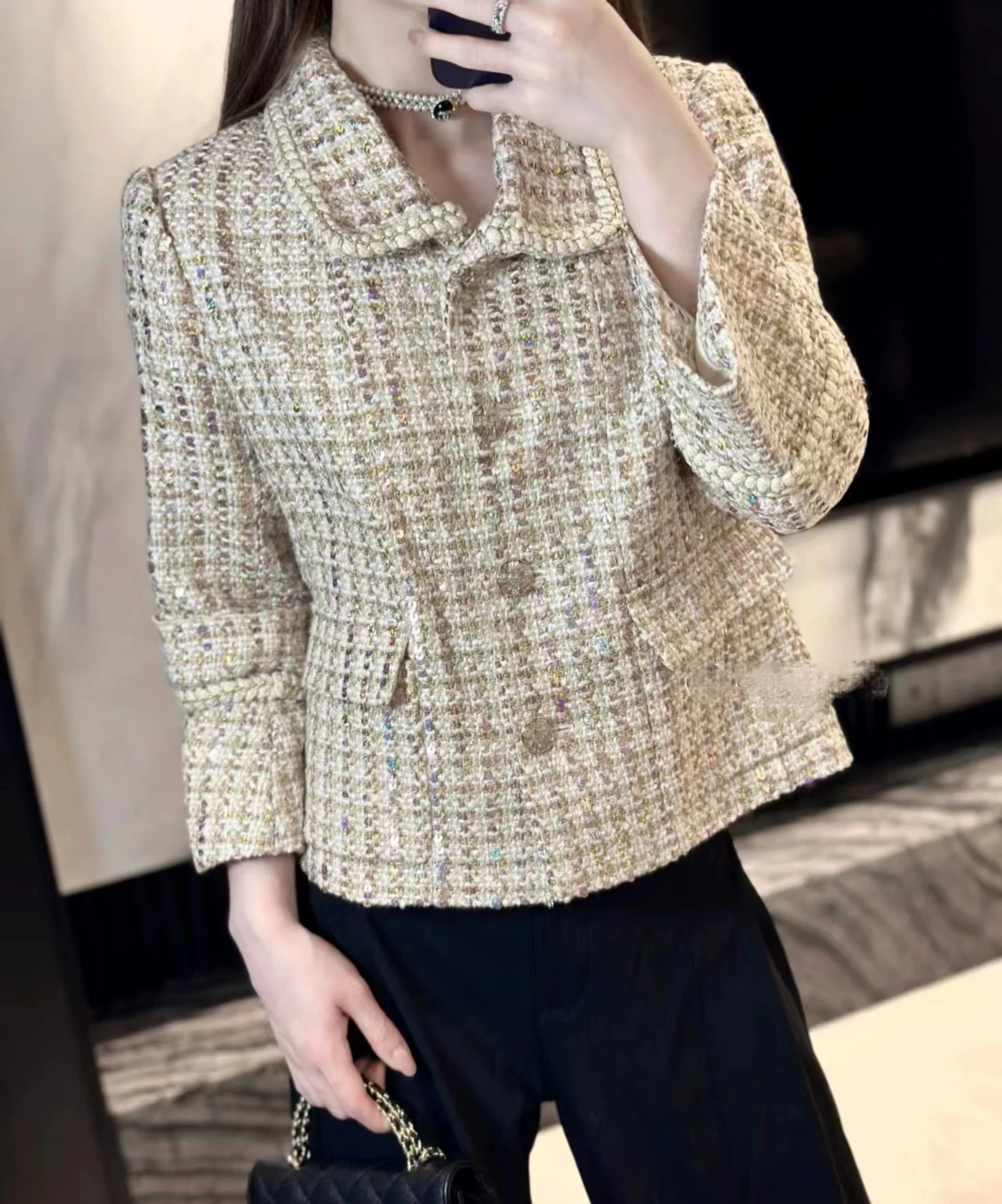 

Новинка 2023, женское твидовое пальто Jelly, с блестками, для осени и зимы