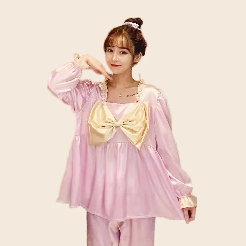 Cute Pajamas Set Full Sleeve T-shirt Long Pants 2Piece/Set Summer Sexy Bow Pyjama Big Size Homewear Cozy Plus Sweet Sleepwear